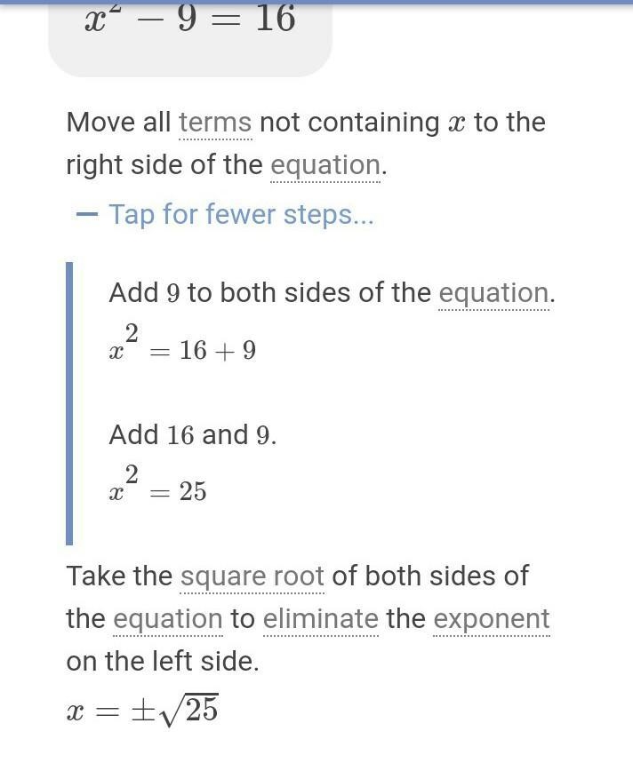 Solve for x. x2−9=16 Enter the solutions for the equation in the boxes. x = ___ or-example-1