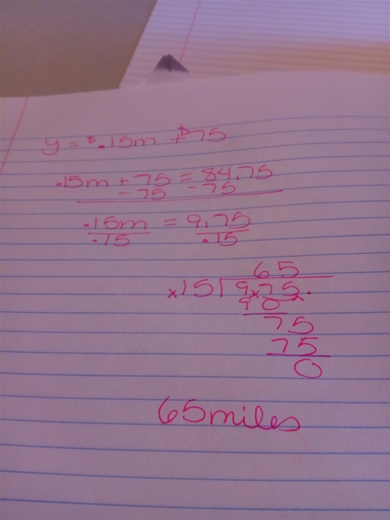 The cost of renting a car is $75/wk plus $0.15/mi traveled during that week. An equation-example-1