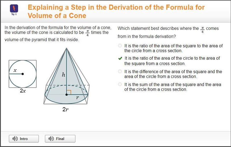 In the derivation of the formula for the volume of a cone, the volume of the cone-example-1