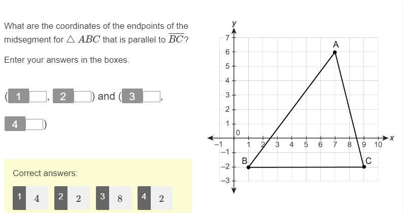 What are the coordinates of the endpoints of the midsegment for △ABC that is parallel-example-1