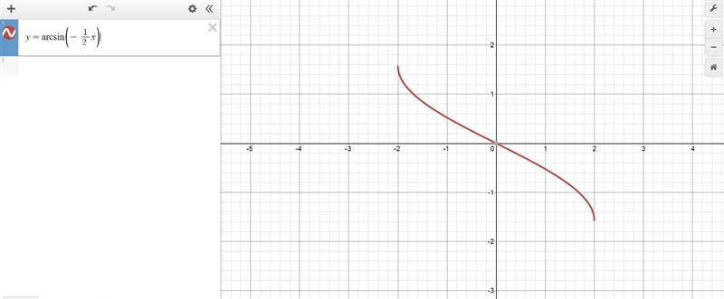 Graph y=sin^-1(-1/2x) on interval -5≤x≤5.-example-1