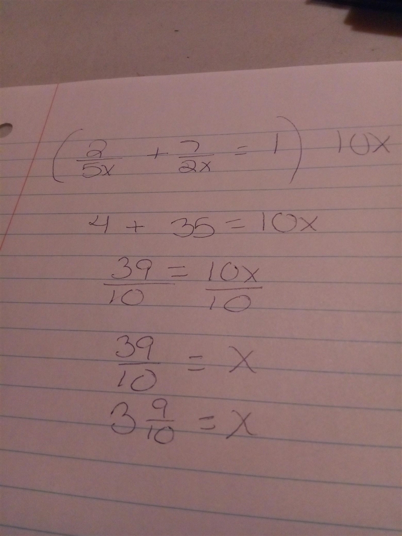 Solving Rational Equations. LCD Method. Show work. (2)/(5x) +(7)/(2x) = 1-example-1