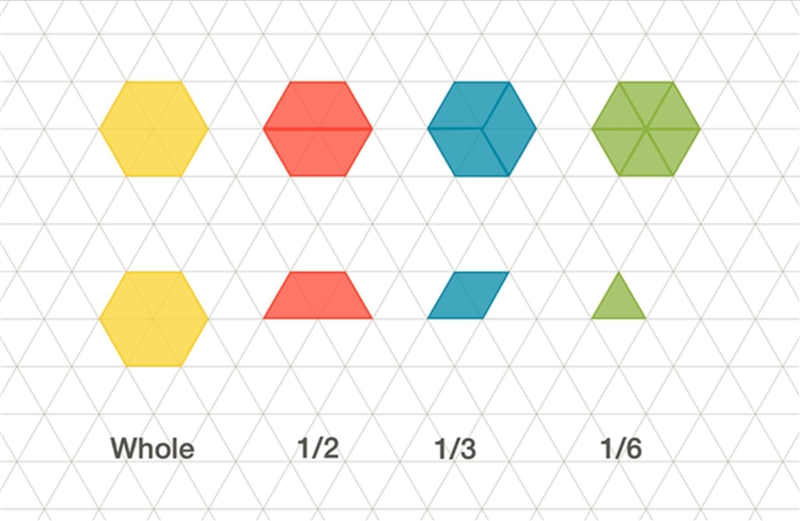 Trace a pattern block divided into two equal parts and write a unit fraction to describe-example-1