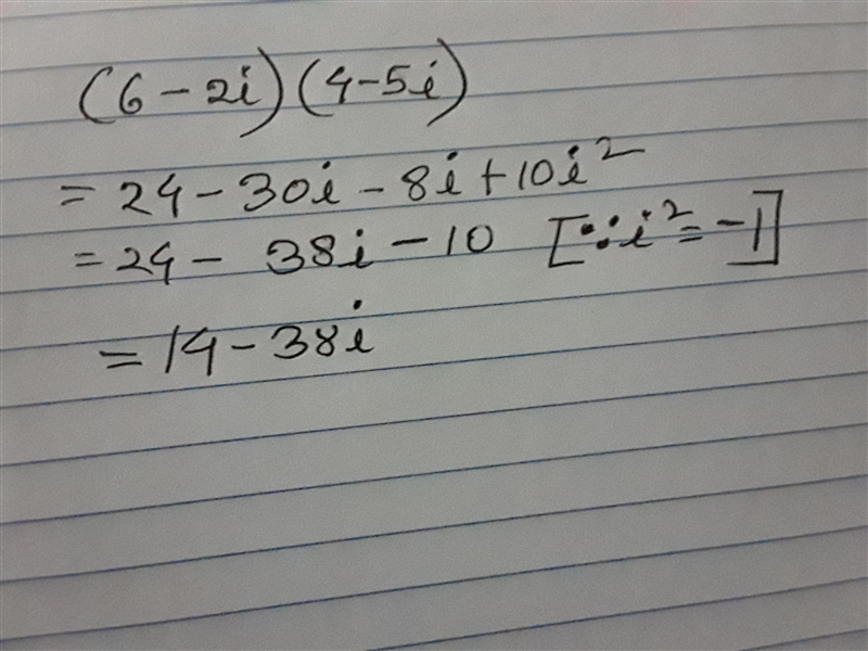 Simplify the expression: (6 − 2i)(4 − 5i).-example-1