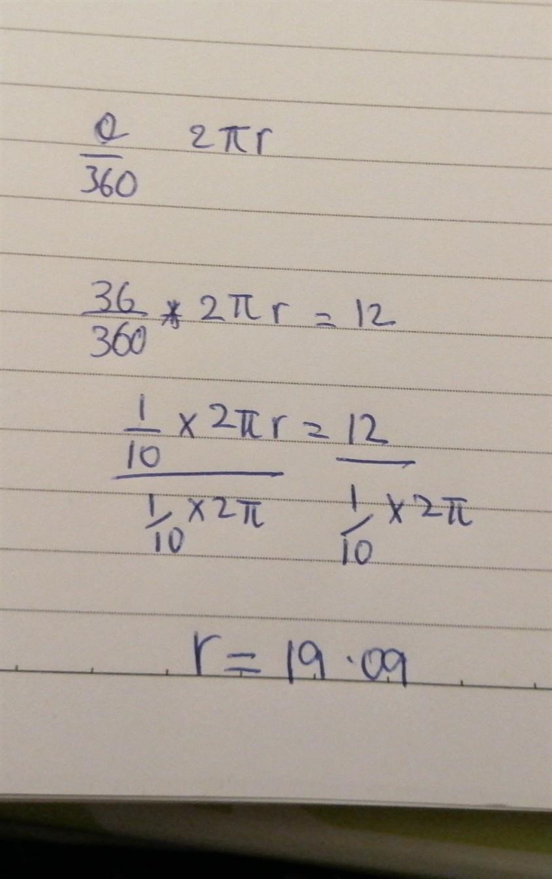 Use the arc length formula and the given information to find r. s = 12 cm, θ = 36°; r-example-1