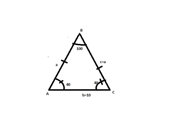 An isosceles triangle has angle measure 40, 40, and 100. The side across from the-example-1