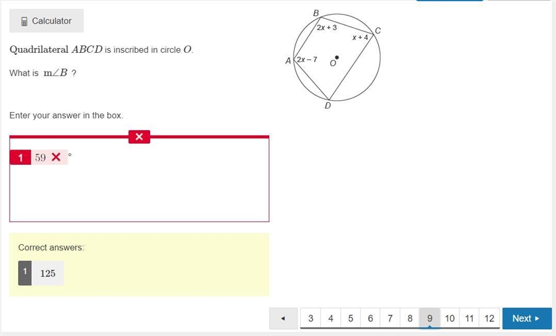 Quadrilateral ABCD is inscribed in circle O. What is ​ m∠B ​ ? Enter your answer in-example-1