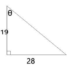 The ratio of the legs of a right triangle is 19:28. Find the measurements of its angles-example-1