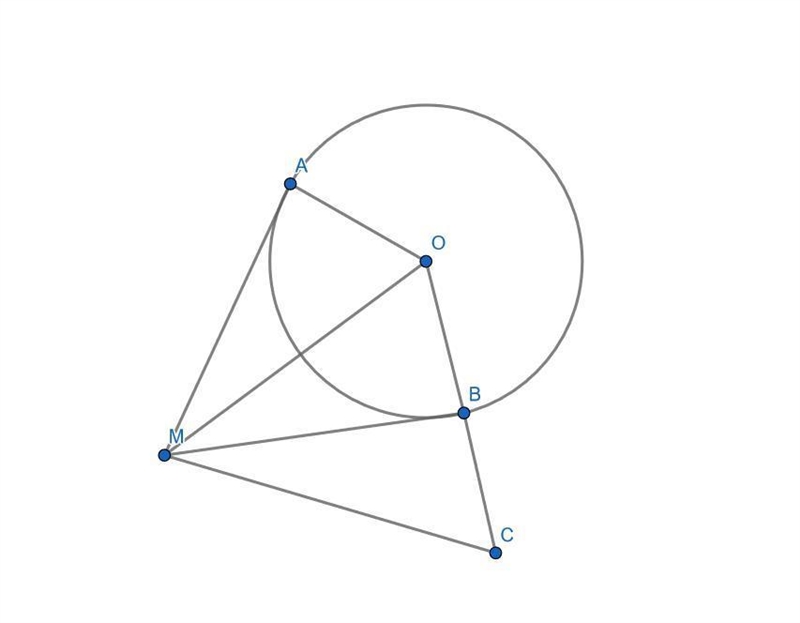 Lines MA and MB tangent circle k(O) at A and B. Point C is symmetric to point O with-example-1