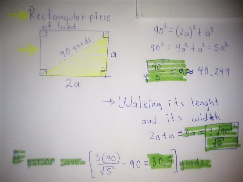 A rectangular piece of land whose length is twice its width has a diagonal distance-example-1