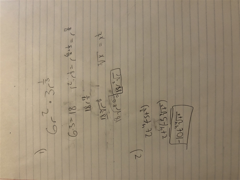 HELP!!! DUE TOMORROW!!! Simplify each expression 6r^2 * 3r^1/3 (2t^4)(-5t^3/4)-example-1