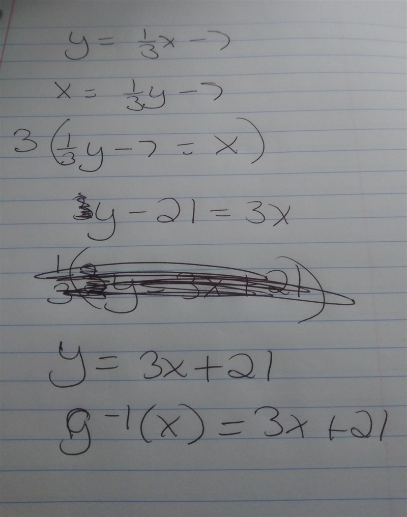 Find the inverse of g(x)=1/3x - 7 and then find its domain and range. Please help-example-1