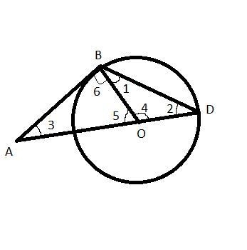 AB is tangent to the circle k(O) at B, and AD is a secant, which goes through center-example-1