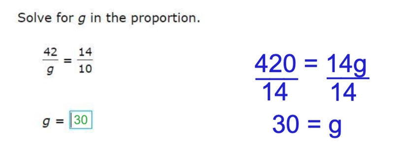 Solve for g in the proportion. 42/g = 14/10 g =-example-1