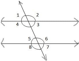 B. Describe the angle relationships formed when parallel lines are cut by a transversal-example-1