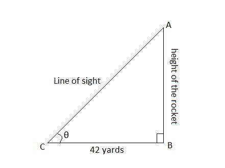 Kevin is launching a toy rocket. For safety reasons, he stands 42 yards away from-example-1