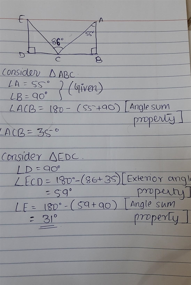 In the following figure, m∠A = 55° and the m∠ACE = 86° . What is the m∠E = ? Show-example-1