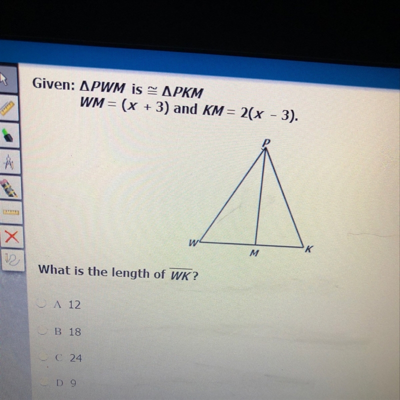 Angle pwm is equal to angle pkm Wm = (x+3) and km = 2(x-3). What is the length of-example-1