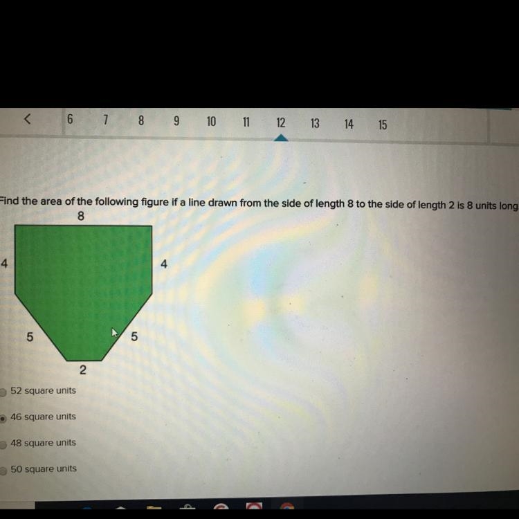 Find the area of the following figure drawn from the side of length eight to the side-example-1