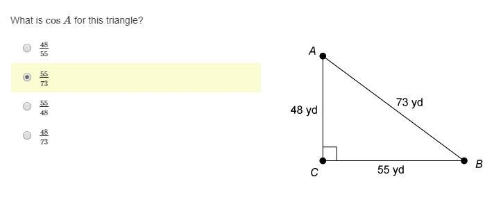 What is cosA for this triangle? 48/55 55/73 55/48 48/73-example-1