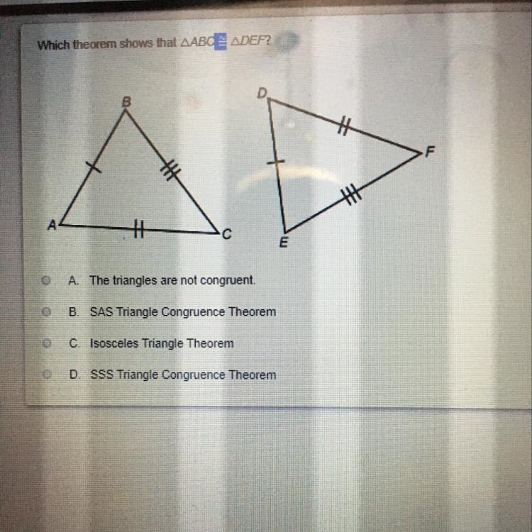 Which theorem shows that triangle ABC is approximately equal to triangle DEF?-example-1