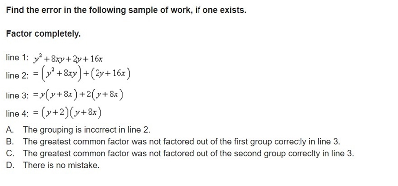 Find the error in the following sample of work, if one exists.-example-1