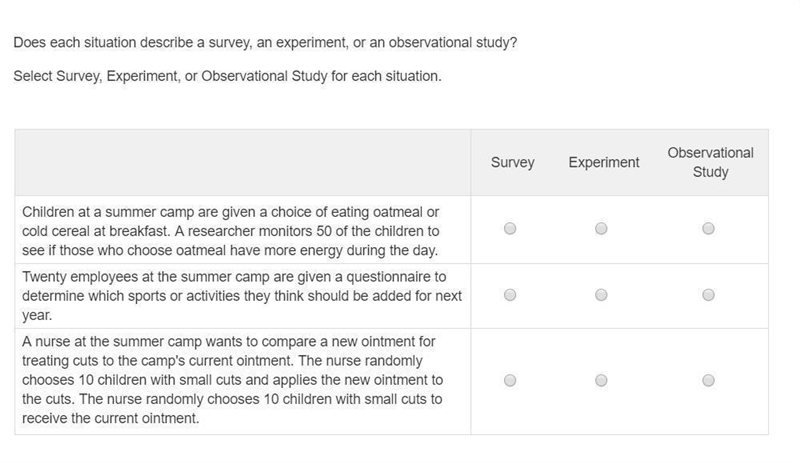 Does each situation describe a survey, an experiment, or an observational study? Select-example-1