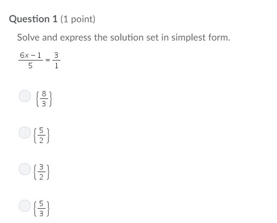 Solve and express the solution set in simplest form. 6x-1/5=3/1-example-1