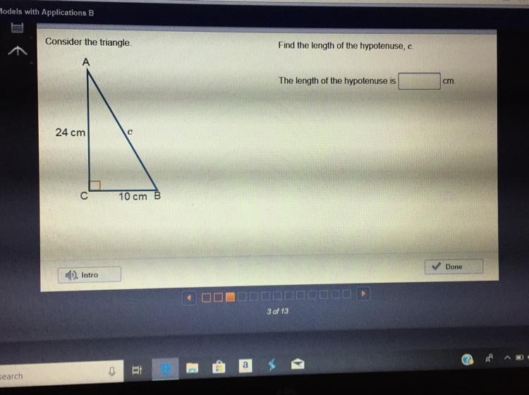 Consider the triangle. Find the length of the hypotenuse, c The length of the hypotenuse-example-1