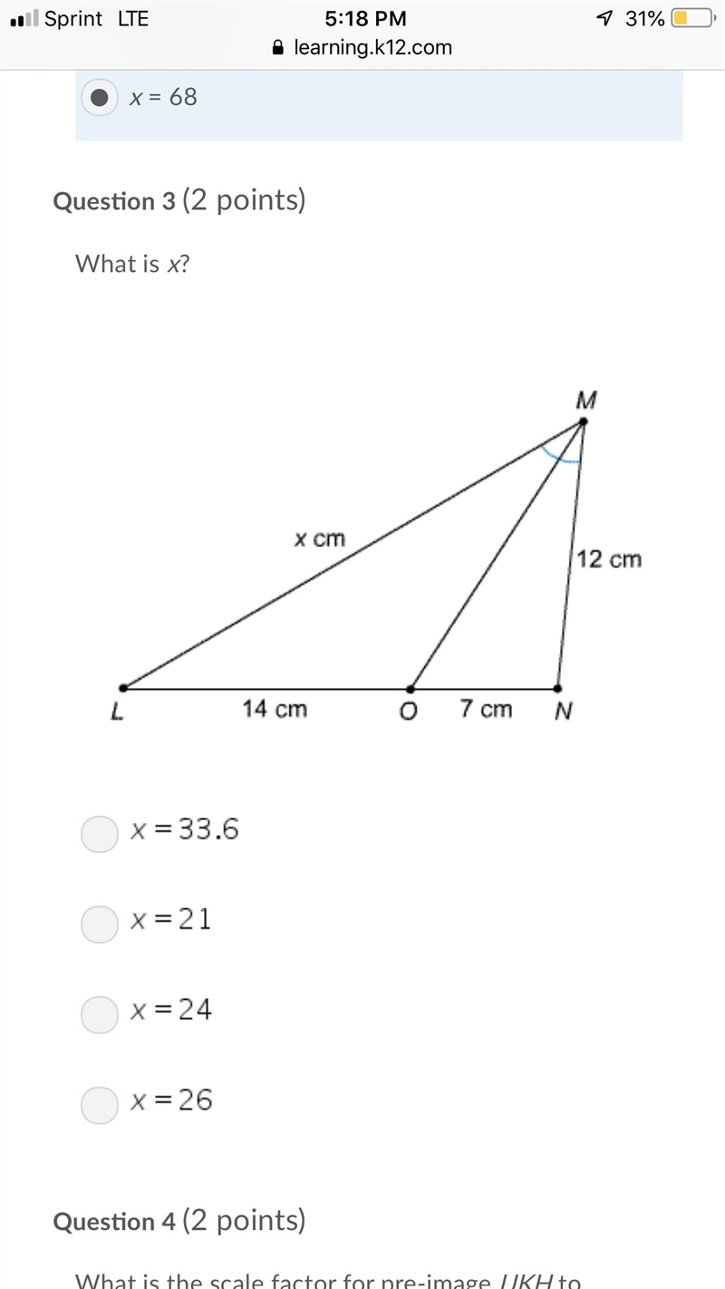 What is x? Triangle L M N has a lie segment going from point M to point O, which is-example-1