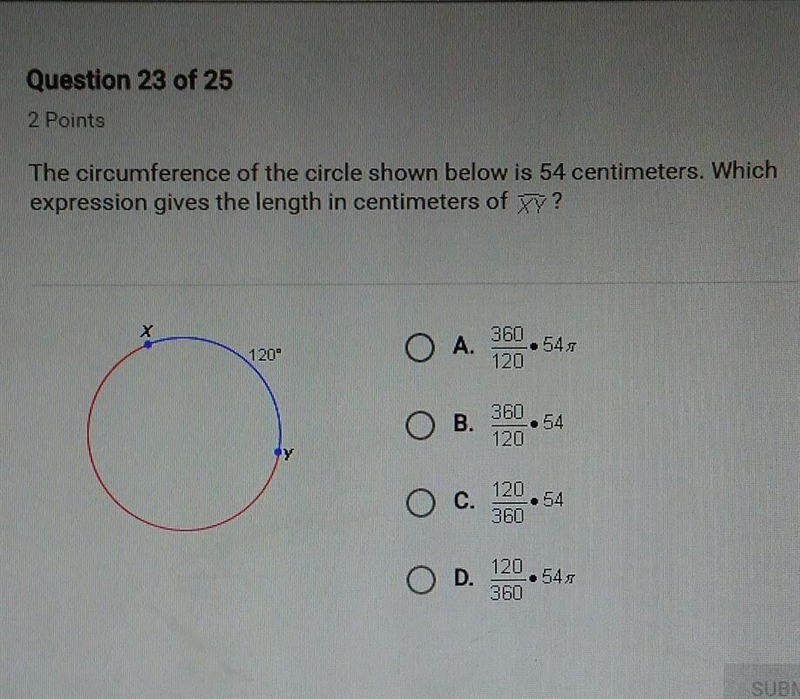 the circumference of the circle shown below is 54 centimeters. which expression gives-example-1