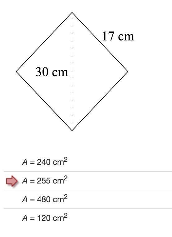 Identify the area of the rhombus. The answer with the red arrow is incorrect!-example-1