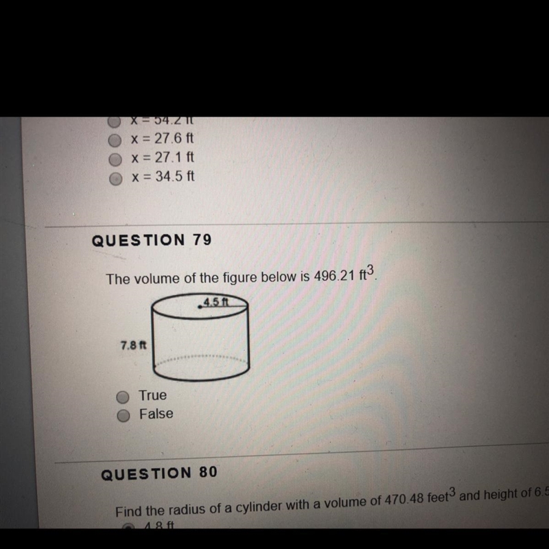 The volume of the figure below is 496.21 ft^3 True or False-example-1