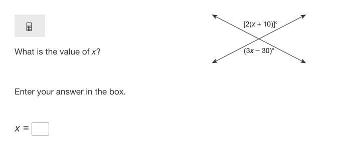 What is the value of x? Enter your answer in the box. x = Two lines slightly inclined-example-1