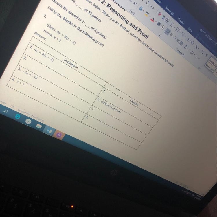 Help fast please! 10 points! Fill in the blanks in the following proof: Given: 4x-example-1