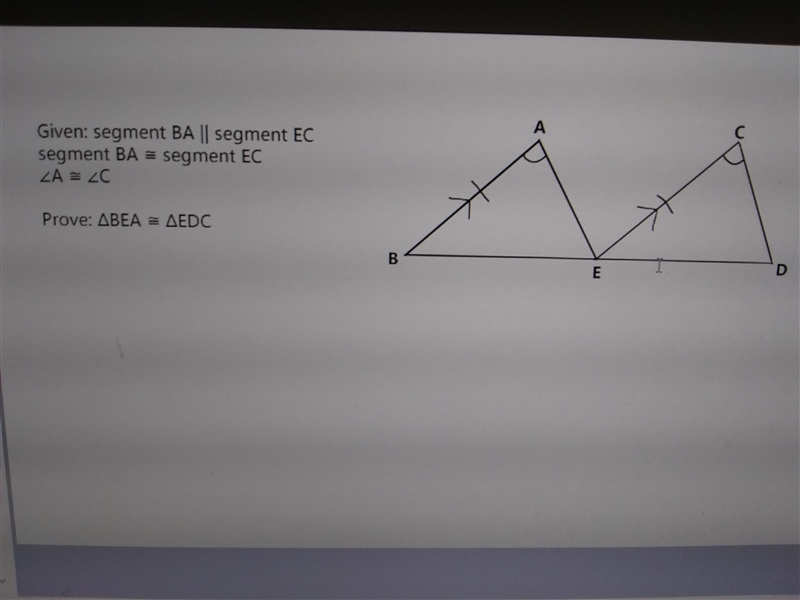 Prove that triangle BEA is congruent to triangle EDC with a two column proof.-example-1