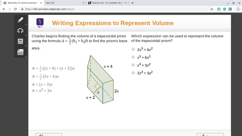 10 POINTS!!! Charles begins finding the volume of a trapezoidal prism using the formula-example-1