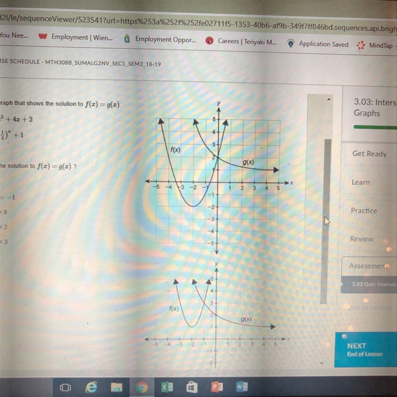 Use the graph that shows the solution f(x) = g(x) F(x) = x^2 + 4x +2 G(x) (1/2)^2 + 1 What-example-1