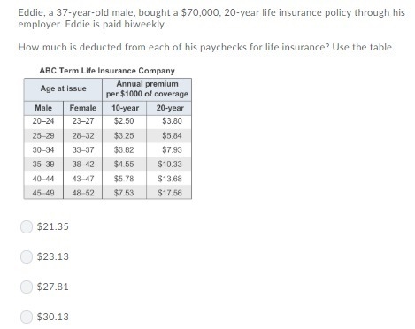 Eddie, 37 year old male, bought a $70,000, 20 year life insurance policy through his-example-1