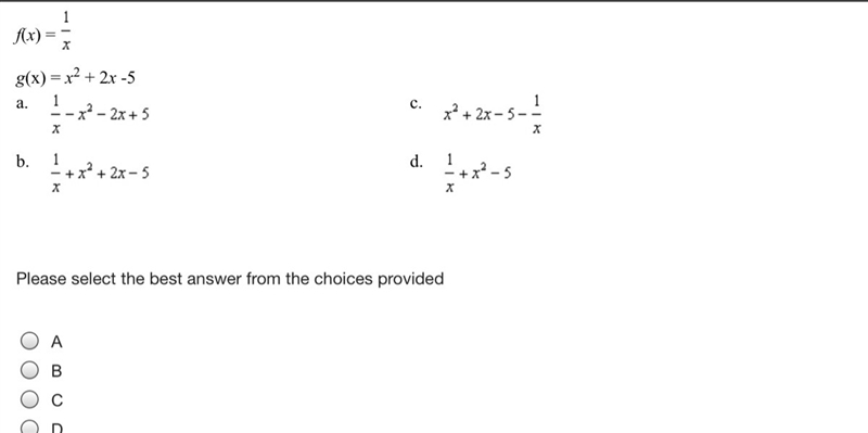 Find (f + g)(x). f(x) = 1/x g(x)= x2+2x-5-example-1