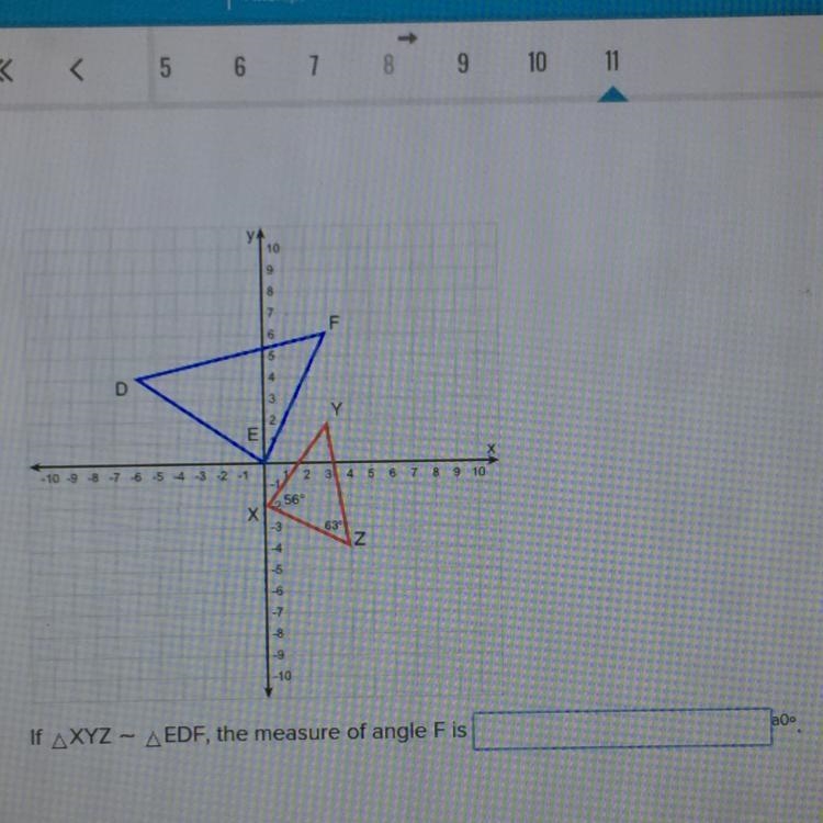 If XYZ ~ EDF, the measure of angle F is _____ a0°.-example-1