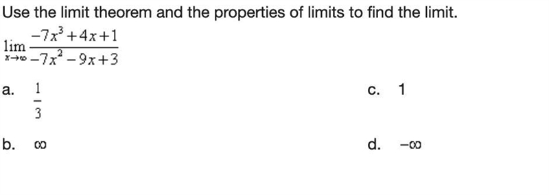 Use the limit theorem and the properties of limits to find the limit.-example-1