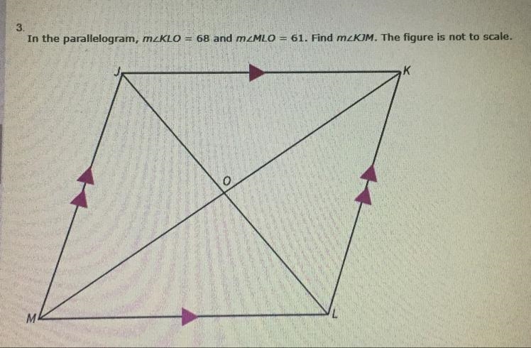 In the parallelogram mKLO=68 and m MLO = 61. Find m KJM. !!!! PLEASE HELP!!!! Need-example-1