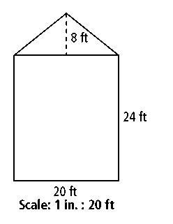 A scale drawing of the side view of a house is shown at the right. Find the total-example-1