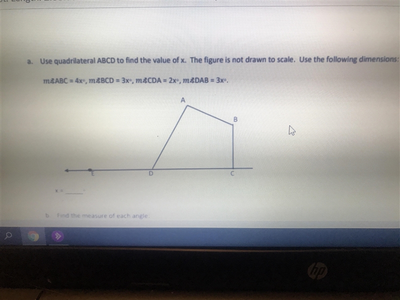 Use quadrilateral ABCD to find the value of X. The figure is not drawn to scale. Use-example-1