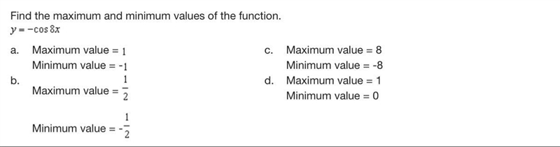 Find the maximum and minimum values of the function. Y=-cos8x-example-1