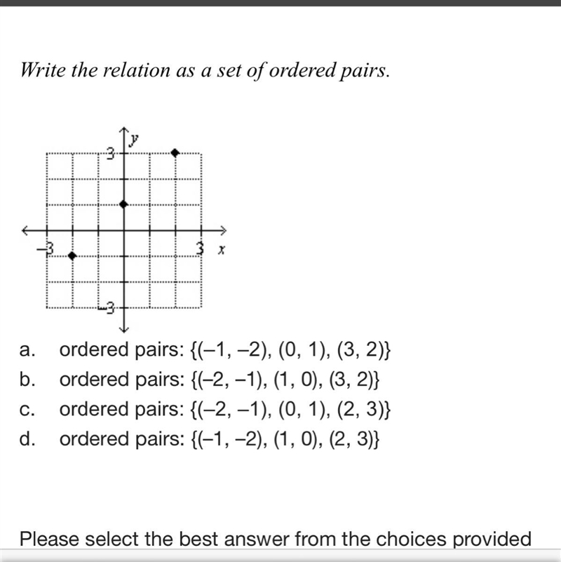 Write the relation as a set of ordered pairs. a. ordered pairs: {(–1, –2), (0, 1), (3, 2)} b-example-1