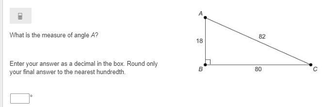 What is the measure of angle A? Enter your answer as a decimal in the box. Round only-example-1