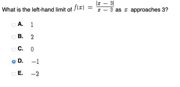 HELP PLEASEE !!! What is the left-hand limit of f(x)=|x-3|/x-3 as approaches 3?-example-1