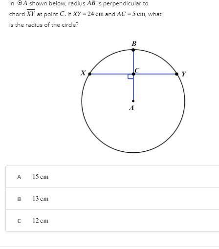 In ®A shown below, radius AB is perpendicular to chord XY at point C. If XY=24 and-example-1